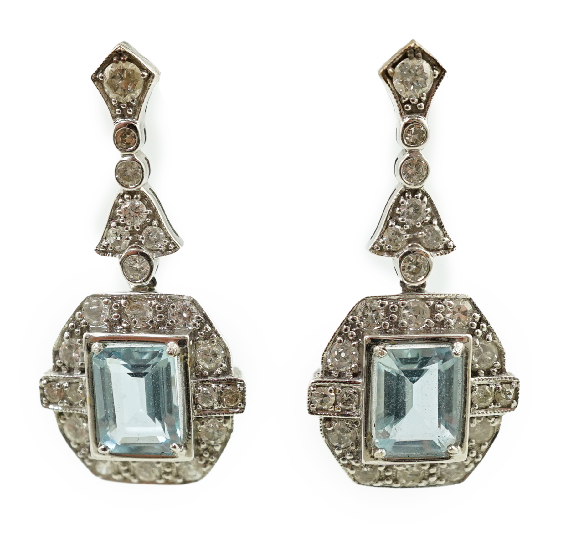 A pair of Art Deco style white gold?, aquamarine and diamond cluster set octagonal drop earrings